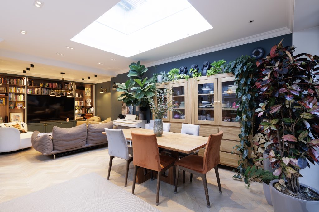 Professional interior property photography of a contemporary open-plan living and dining space in Hampstead, London.