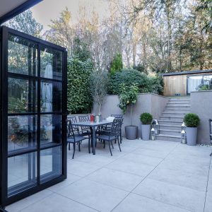 Professionally photographed luxury patio and garden terrace in London prepared for property marketing
