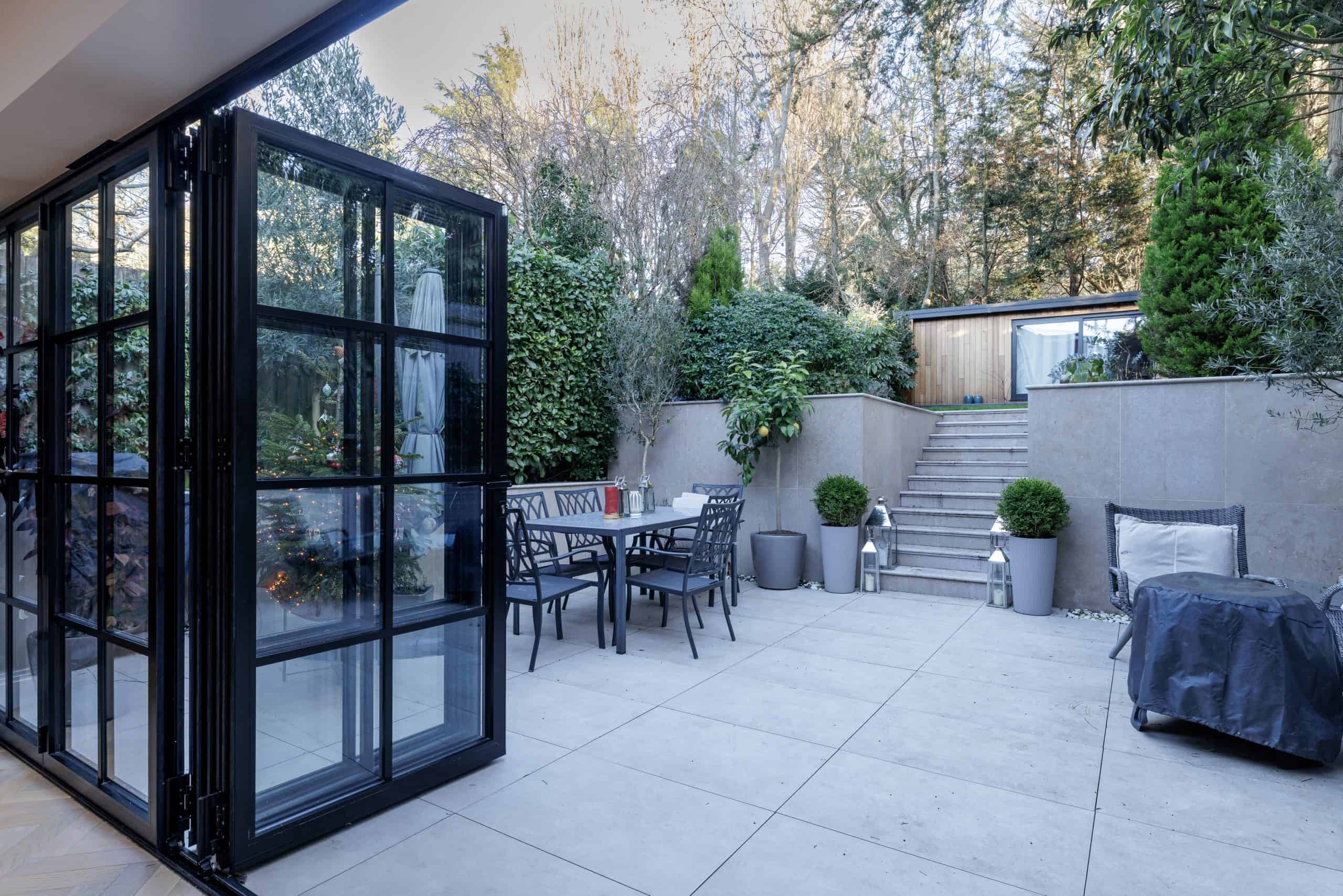 Professionally photographed luxury patio and garden terrace in London prepared for property marketing