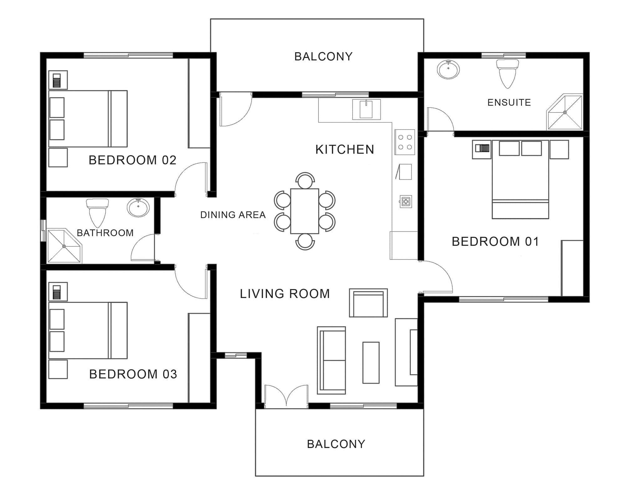 Professionally drawn 2D floor plan of a modern two-bedroom London flat