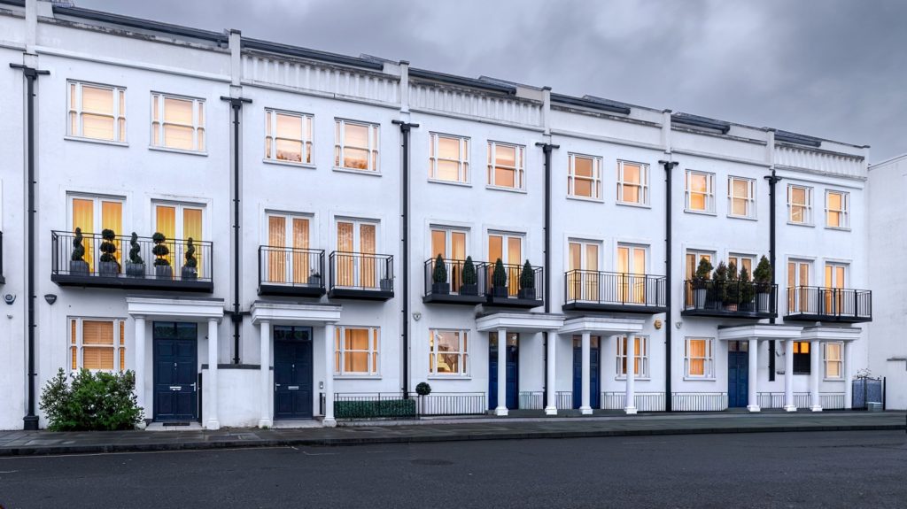 Merchant Terrace residential development photographed in Hammersmith, London at dusk