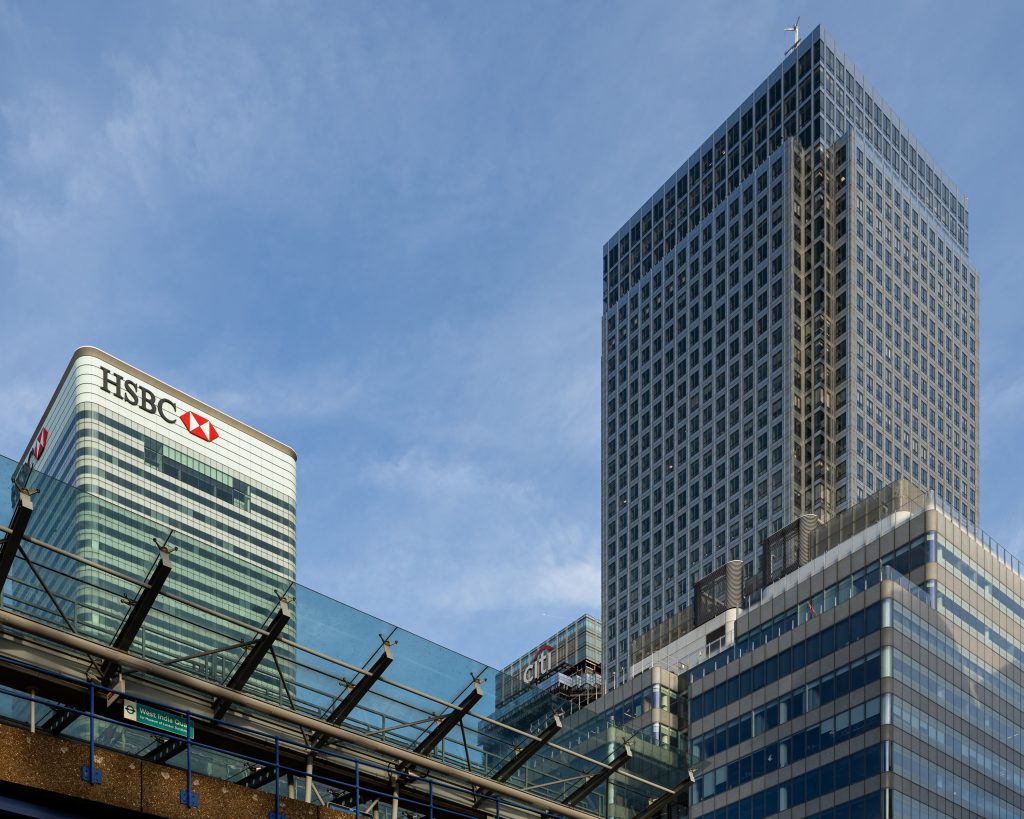 Commercial office building photographed in Canary Wharf, London for business branding and commercial marketing.