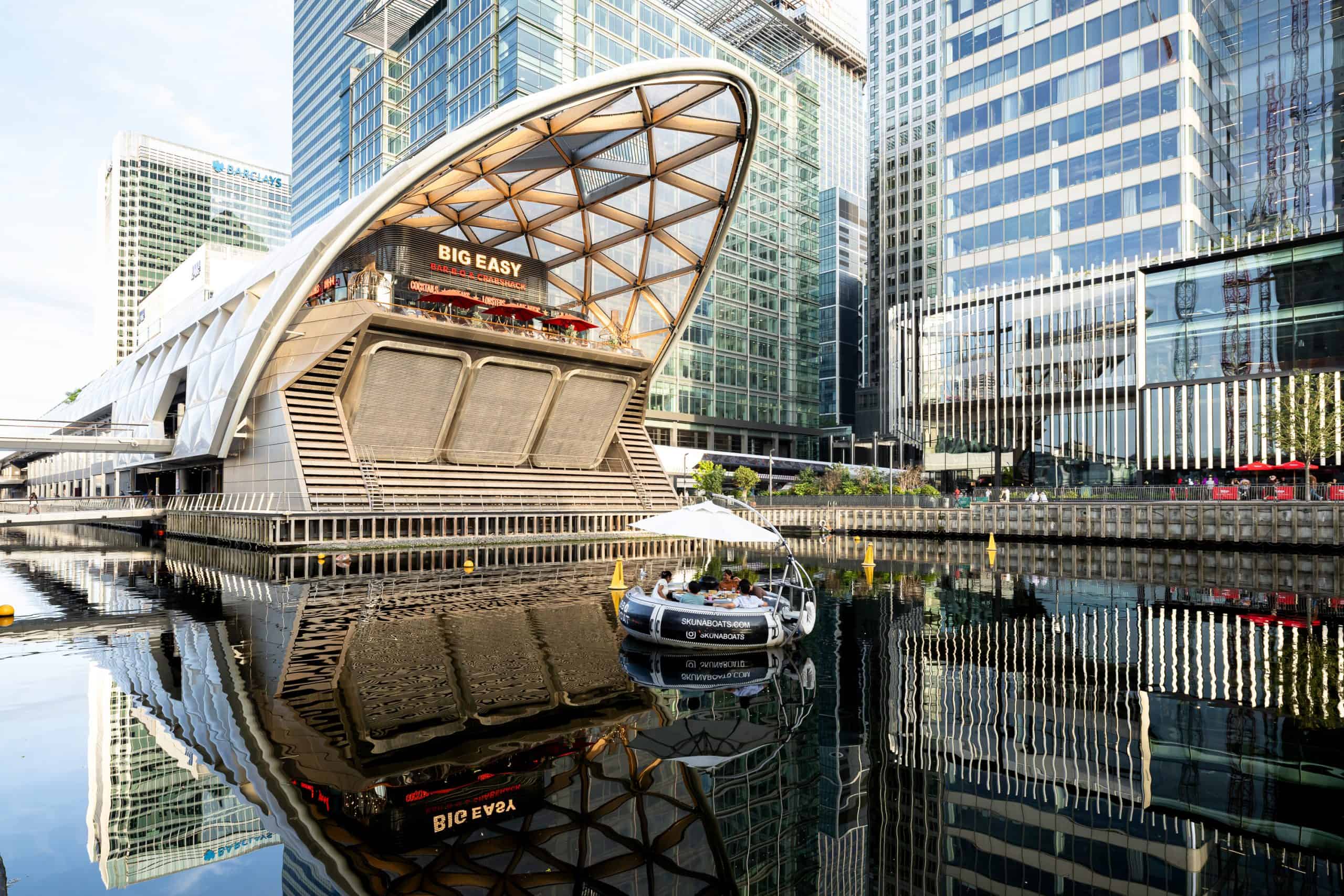 Commercial office buildings at Canary Wharf in London photographed for business branding and commercial marketing.